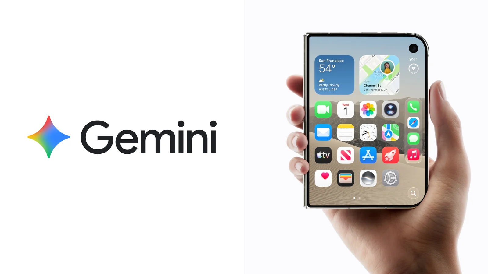 Googles Gemini-logotyp bredvid Apples vikbara iPhone Duo - veckans två spaningar om antaganden som inte höll